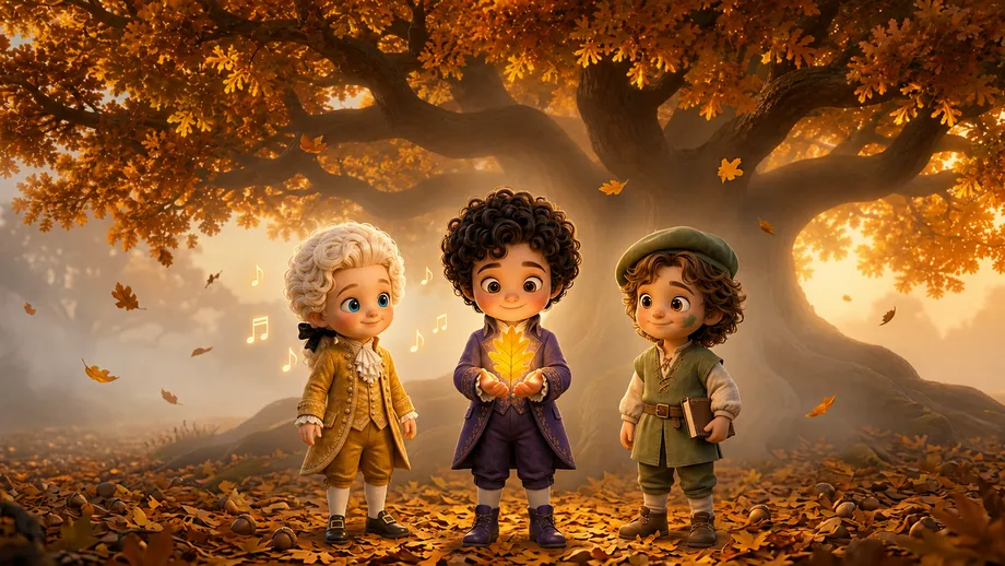 Sasha, Wolfi and Leo standing together under the giant golden oak in autumn light