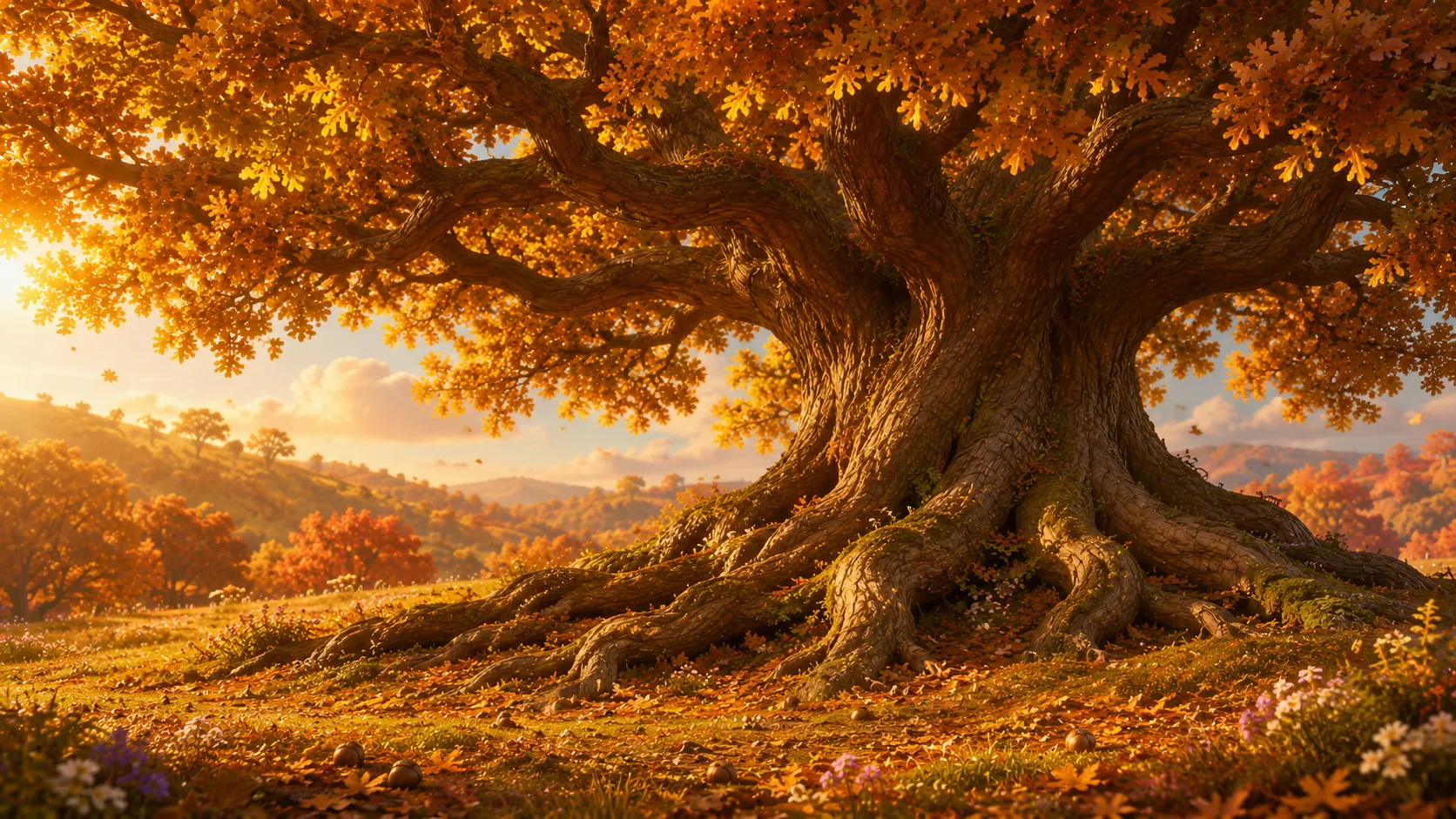 The giant oak at the center of the garden in warm autumn light
